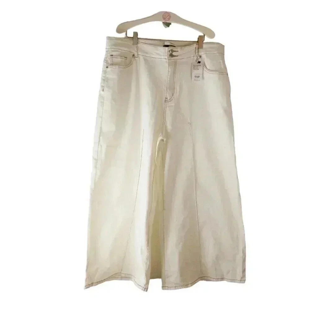 Suzanne Betro Womens Jeans Cream Contrast Stitch High Rise Wide Crop Denim 20